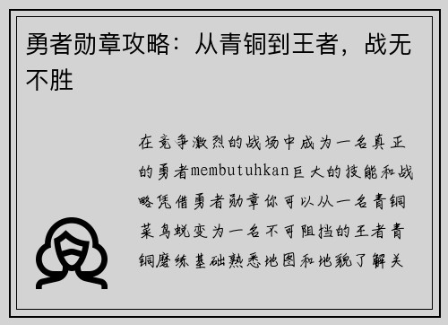勇者勋章攻略：从青铜到王者，战无不胜